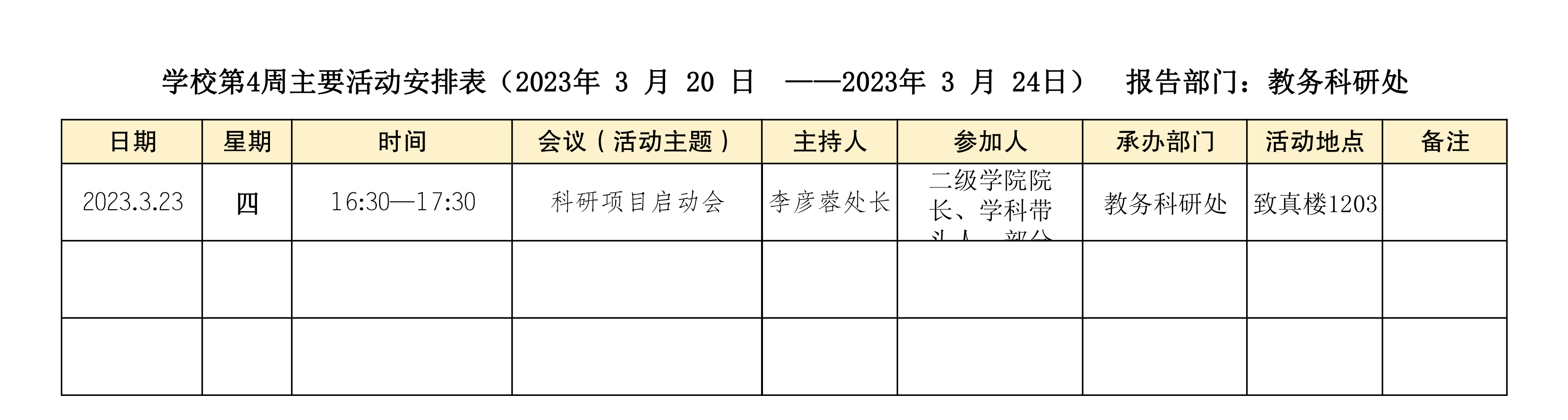 杏悦第4周主要活动安排表（2023年 3 月 20 日  ——2023年 3 月 24日）  报告部门：教务科研处