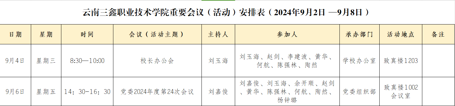 杏悦娱乐 -【杏悦娱乐升级，精彩无限】重要会议（活动）安排表（2024年9月2日 —9月8日）