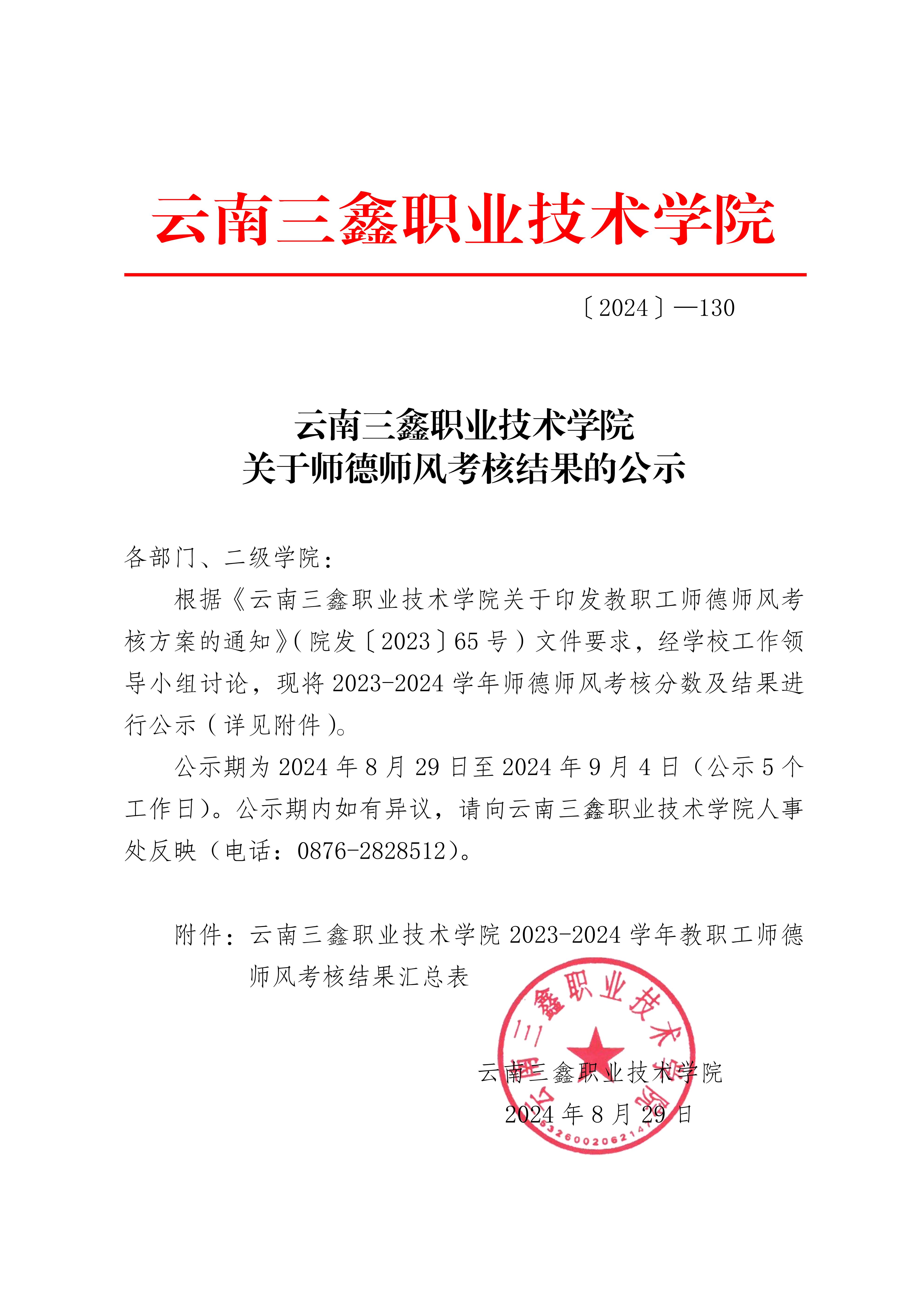 学校便笺〔2024〕130号 云南三鑫职业技术学院关于师德师风考核结果的公示_00.jpg